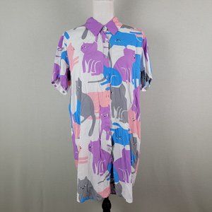 Cat Print Art Tunic Button Up Shirt Dress Short Sleeve Collar ABaday XXXL